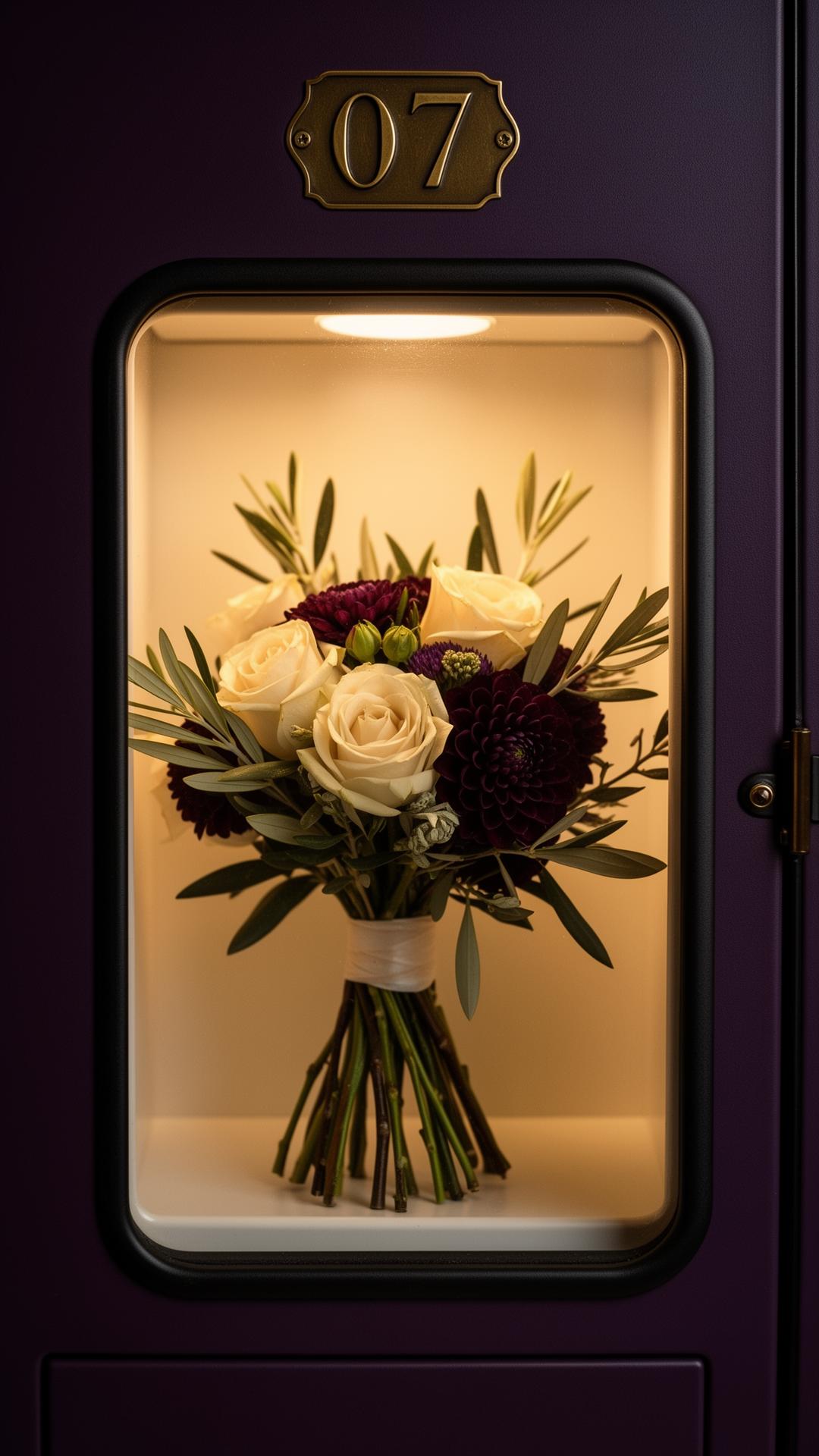 A single illuminated compartment holding a hand-tied bouquet