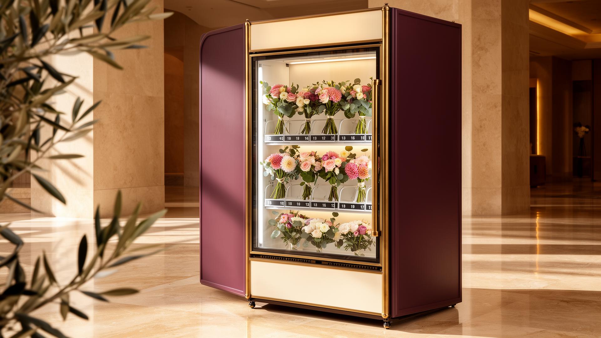 A refrigerated flower vending machine in a sunlit lobby